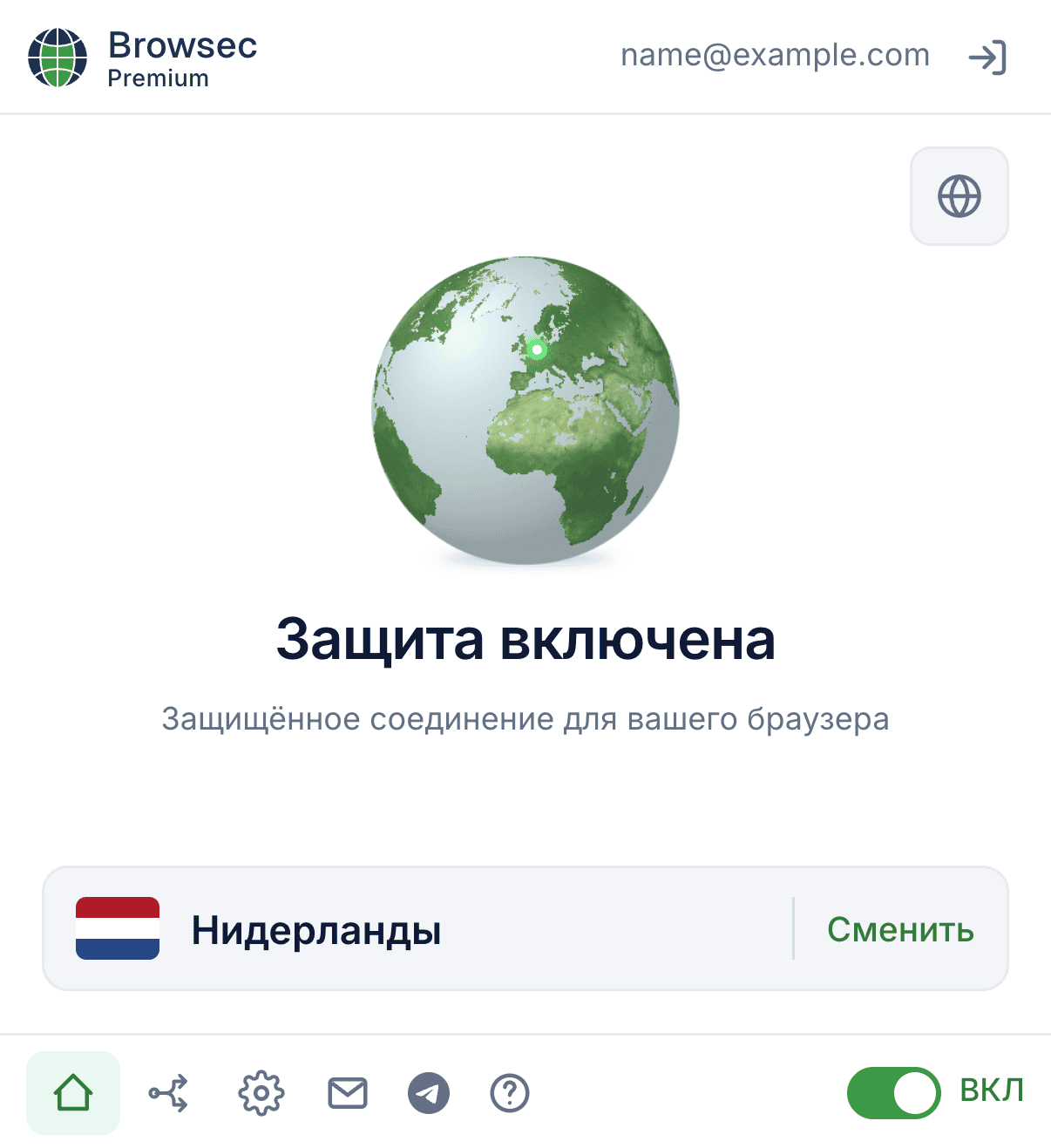 Окно VPN- и прокси-расширения Browsec с подключением в один клик